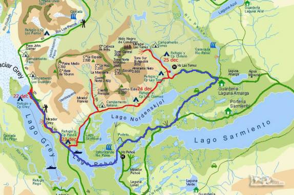 No último dia (em azul), caminhamos 11km do refúgio Grey para o Paine Grande, atravessamos o lago Pehoe de barco e fomos de van até a hosteria Las Torres, onde estava a Fiona